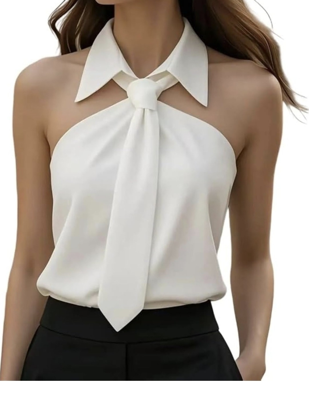 Collared Tie-Neck Cream Halter Camisole